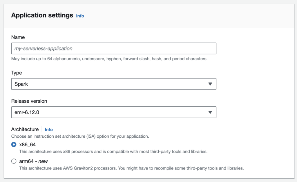 Application Configurations without Network (VPC) connections - Application settings including name, type, release version, and architecture