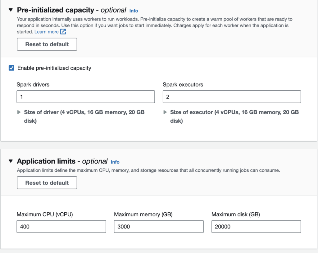 Application Configurations without Network (VPC) connections - settings including pre-initialized capacity and application limits