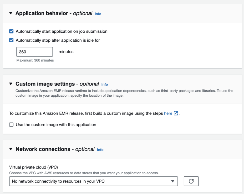 Application Configurations without Network (VPC) connections - applications settings including app behavior, custom image settings, and network connections