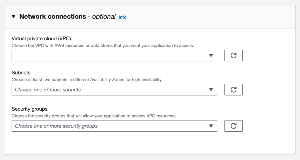 Application Configurations with Network (VPC) connections - VPC, Subnet, and Security Group settings