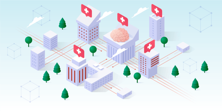 A stylized cityscape featuring buildings with medical symbols, a brain, and trees, interconnected by red lines.