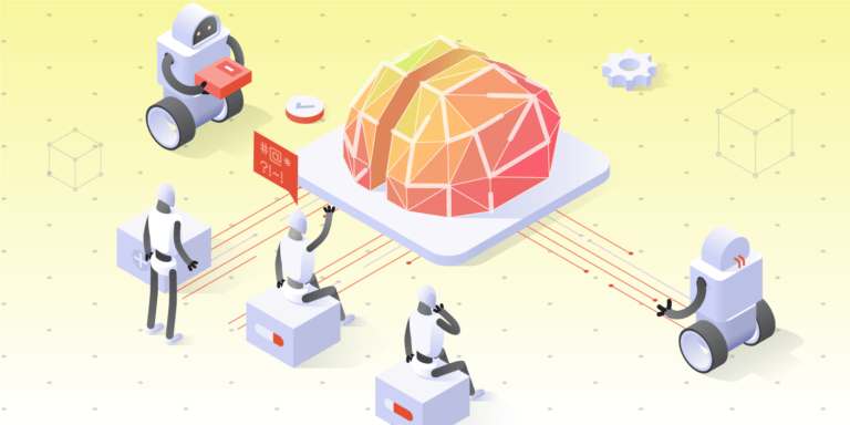 Robots interact with a geometric brain model, exchanging data through colorful lines in a futuristic setting.