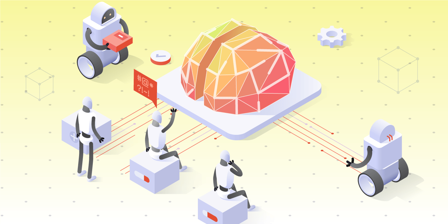 Robots interact with a geometric brain model, exchanging data through colorful lines in a futuristic setting.