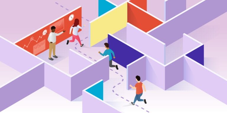 Three people navigate a colorful maze, with a graph display on a wall in the background.