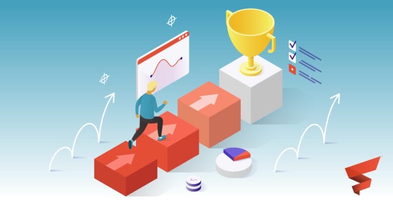 A person climbs red blocks toward a trophy, with graphs and charts illustrating progress and achievement.