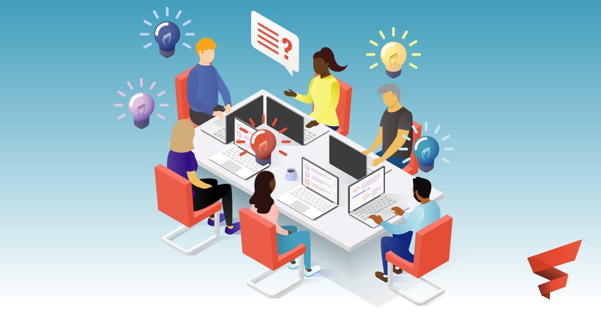 A diverse group of people collaborates around a table with laptops, brainstorming ideas illustrated by lightbulbs.