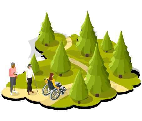 People taking a walk on a trail through the woods.