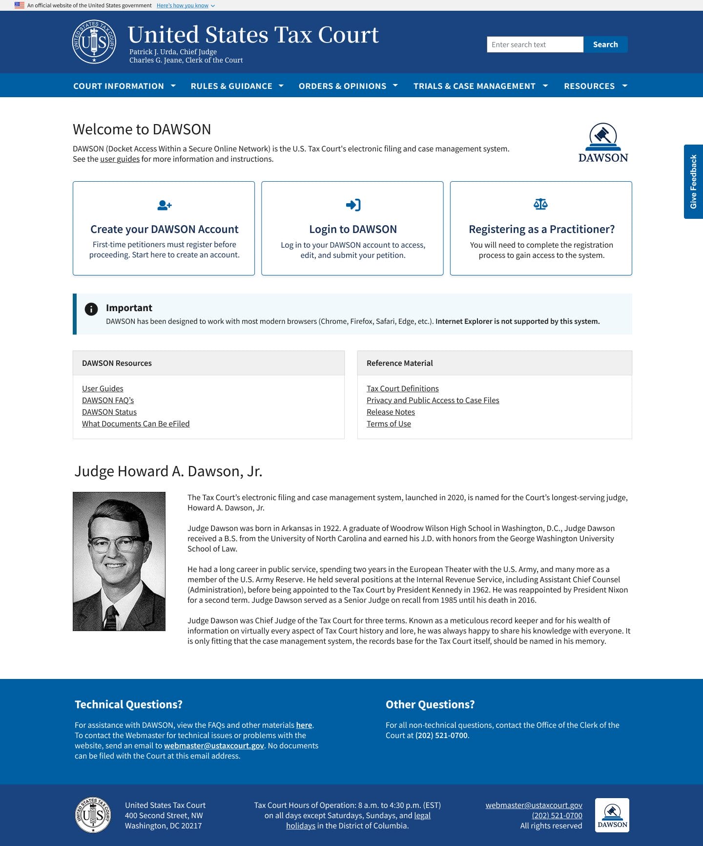 Redesigned DAWSON landing page with options to create account, log in, or register as a practitioner.