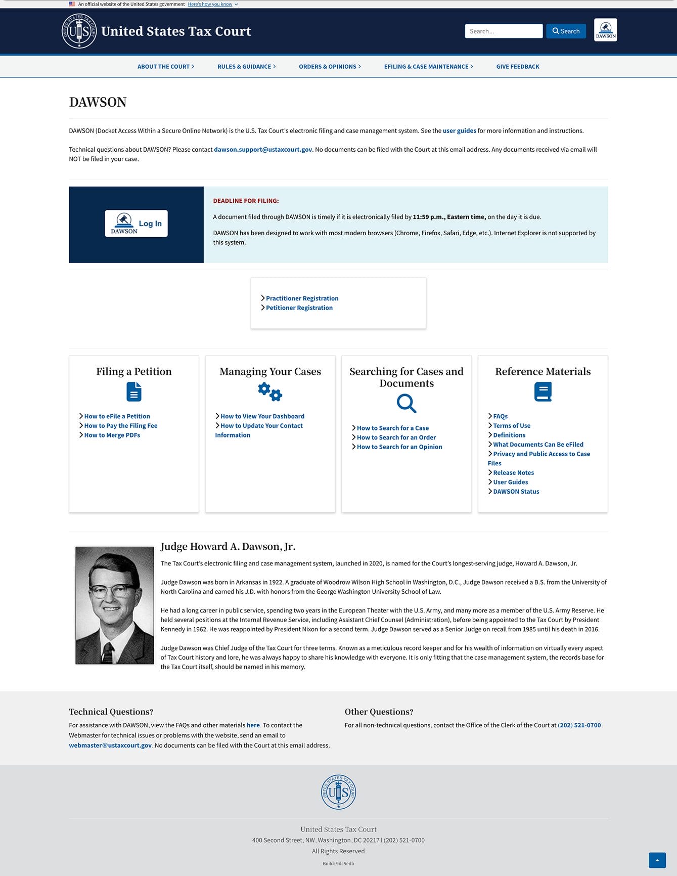Original DAWSON landing page with login button, filing deadline info, and links for registration and case resources.