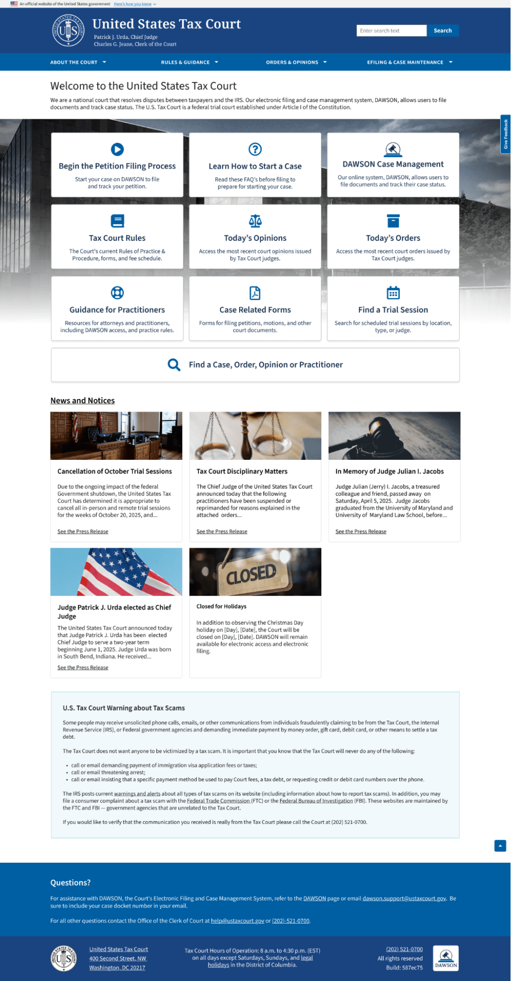 Redesigned U.S. Tax Court homepage with navigation tiles for filing, rules, opinions, and case management.