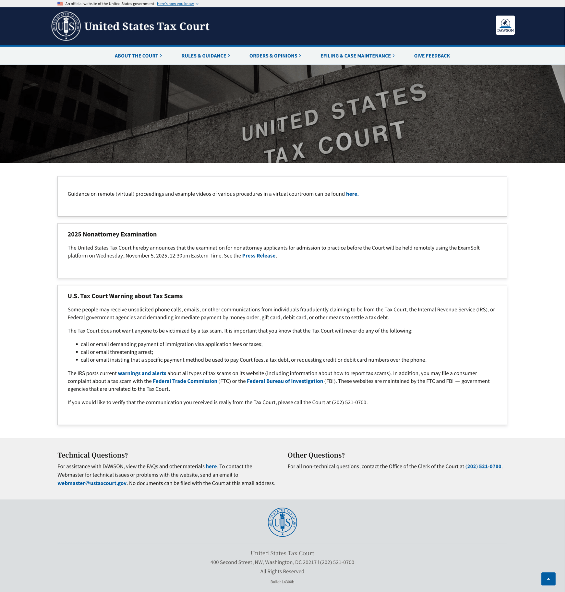 Original U.S. Tax Court homepage showing notices, exam announcement, and tax scam warning information.