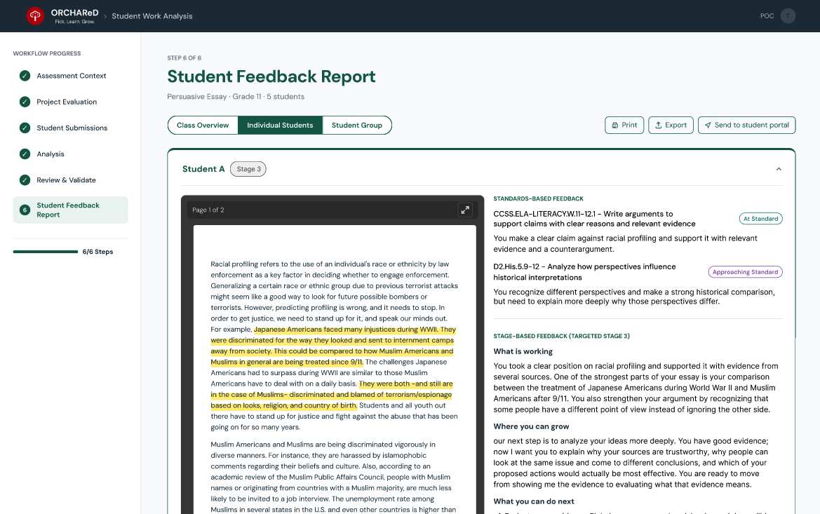 Screenshot of student feedback screen that connects performance against specific learning standards with actionable next steps and reflection prompts.