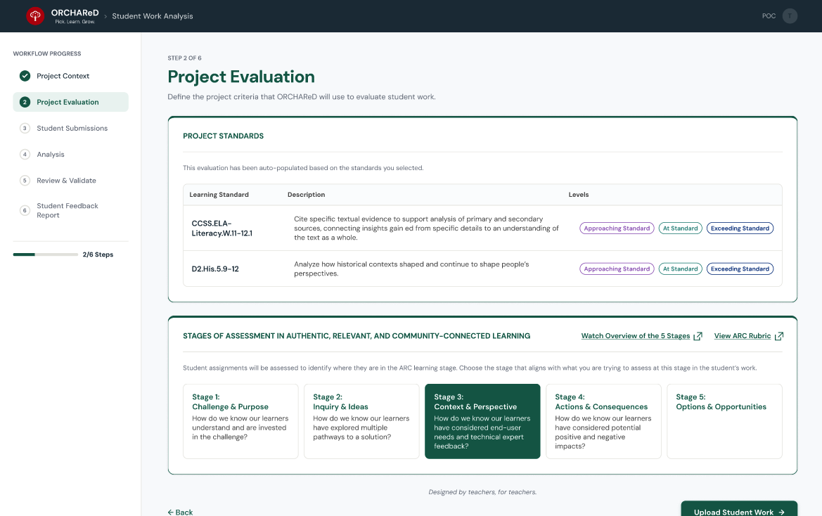 Screenshot of context for the assessment, including the learning standards and criteria against which student work should be evaluated.