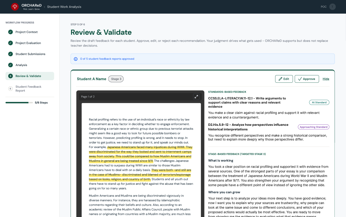Screenshot of teachers review of student evidence alongside AI-assisted standards analysis,
maintaining control over the final evaluation and feedback.