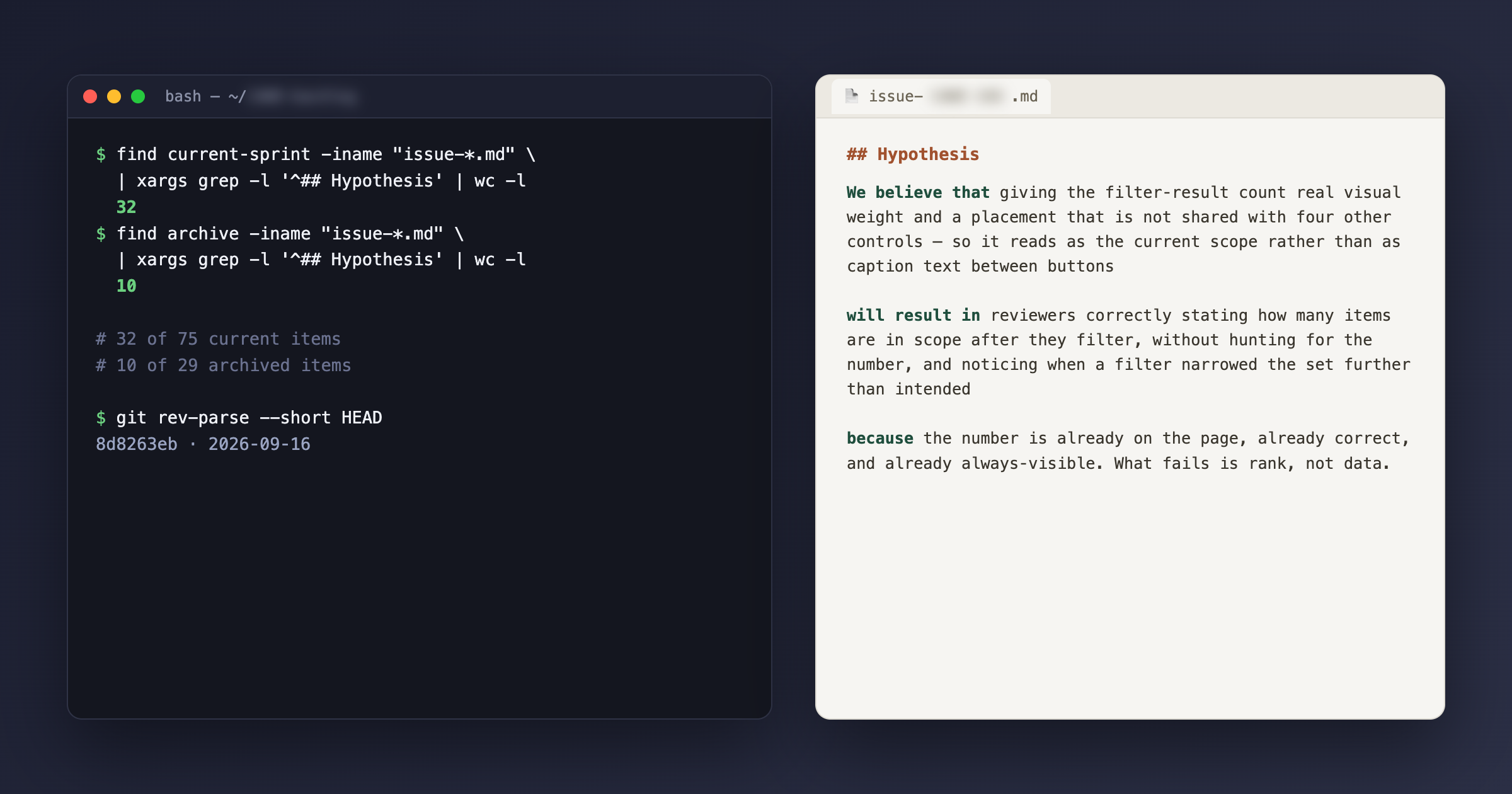 A terminal counting project items with hypotheses beside a markdown file outlining a hypothesis and expected result.