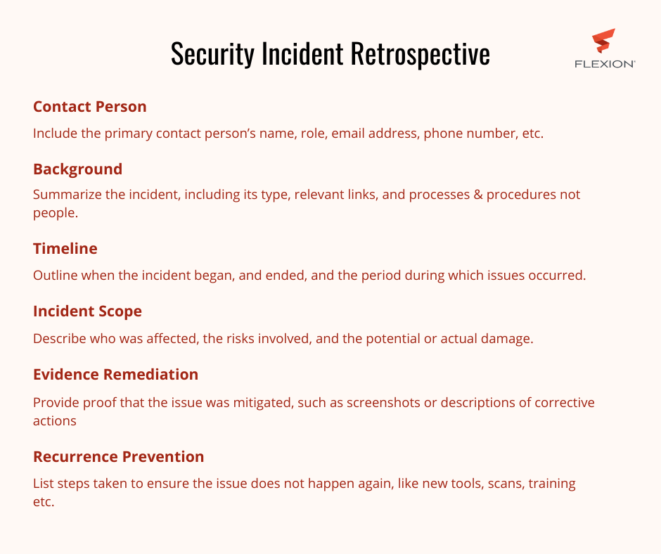 "A screenshot of a template showing different topics to be documented for discussion during a security incident retrospective. Importantly, it's noted that individuals should not be named, only policies, processes, and procedures."