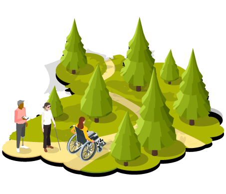 People with various disabilities taking a walk on a trail through the woods.