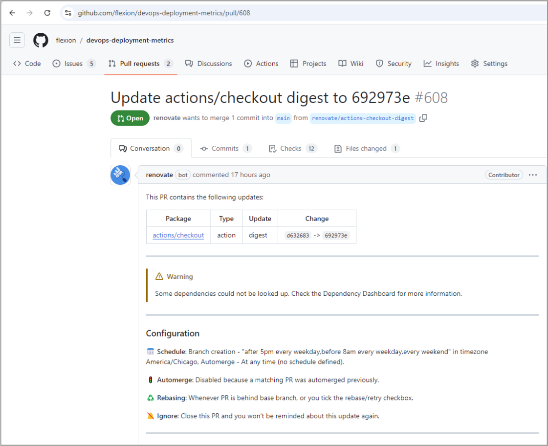 Renovate has created a pull request (PR) in GitHub to update a dependency titled Update actions/checkout digest to 692973e. This PR aims to bring a GitHub Actions workflow dependency to the latest version, following Renovate's configurations for schedule, auto-merge, and rebase. However, because auto-merging is disabled (due to a previous matching PR that was auto-merged), a person will need to manually review and merge this update.